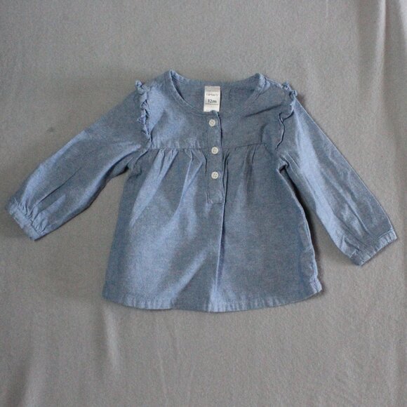 Carter’s Chambray Ruffle Long Sleeve Top Baby Girl 12M Excellent - Picture 1 of 3